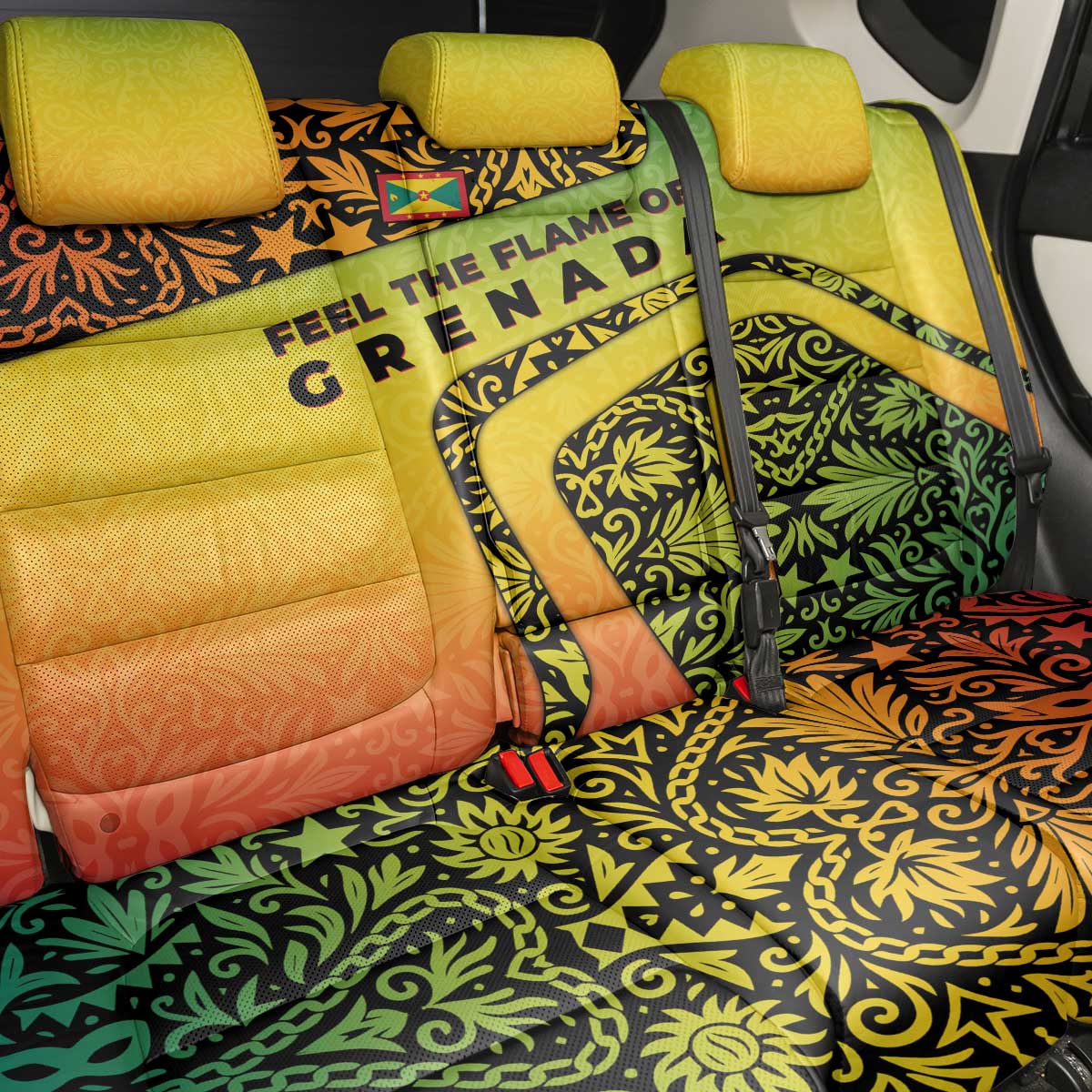Grenada Tribal Floral Pattern Back Car Seat Cover with Rasta Gradient and Flame Motto Design - Wonder Print Shop