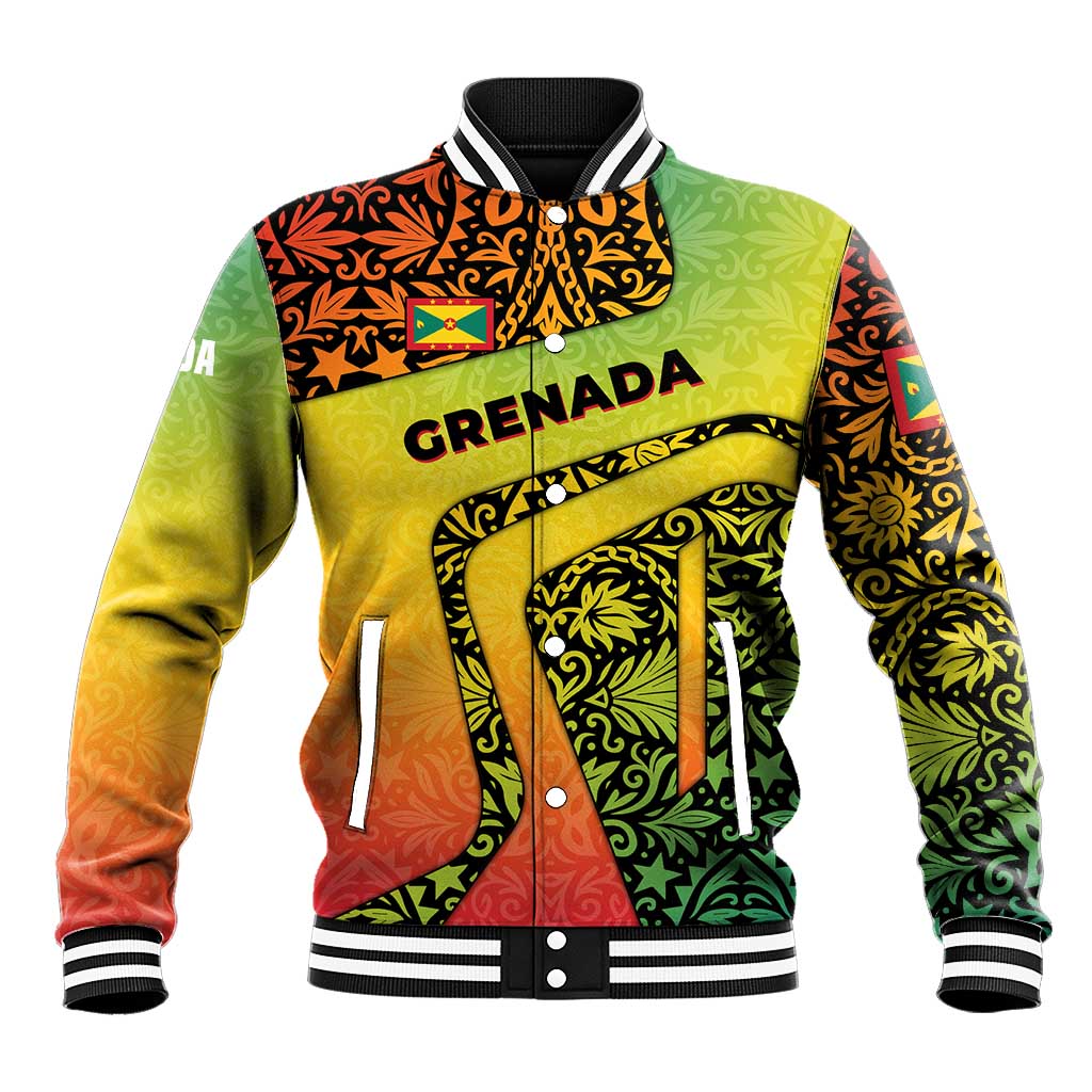 Grenada Tribal Floral Pattern Baseball Jacket with Rasta Gradient and Flame Motto Design - Wonder Print Shop