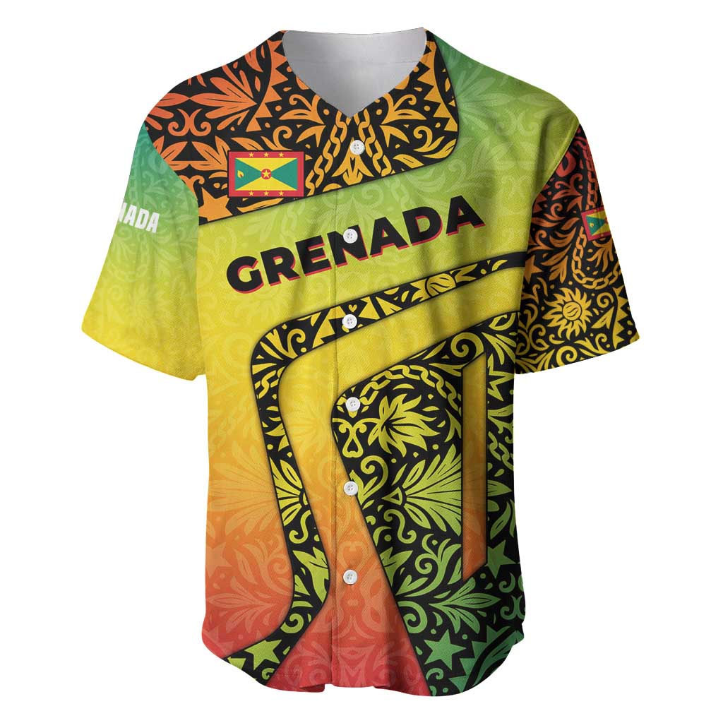 Grenada Tribal Floral Pattern Baseball Jersey with Rasta Gradient and Flame Motto Design - Wonder Print Shop