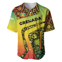 Grenada Tribal Floral Pattern Baseball Jersey with Rasta Gradient and Flame Motto Design - Wonder Print Shop