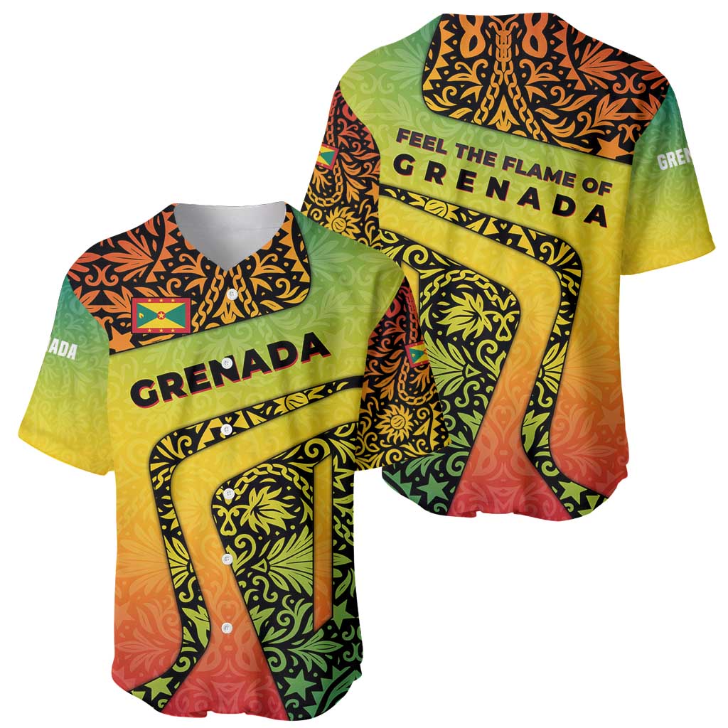 Grenada Tribal Floral Pattern Baseball Jersey with Rasta Gradient and Flame Motto Design - Wonder Print Shop
