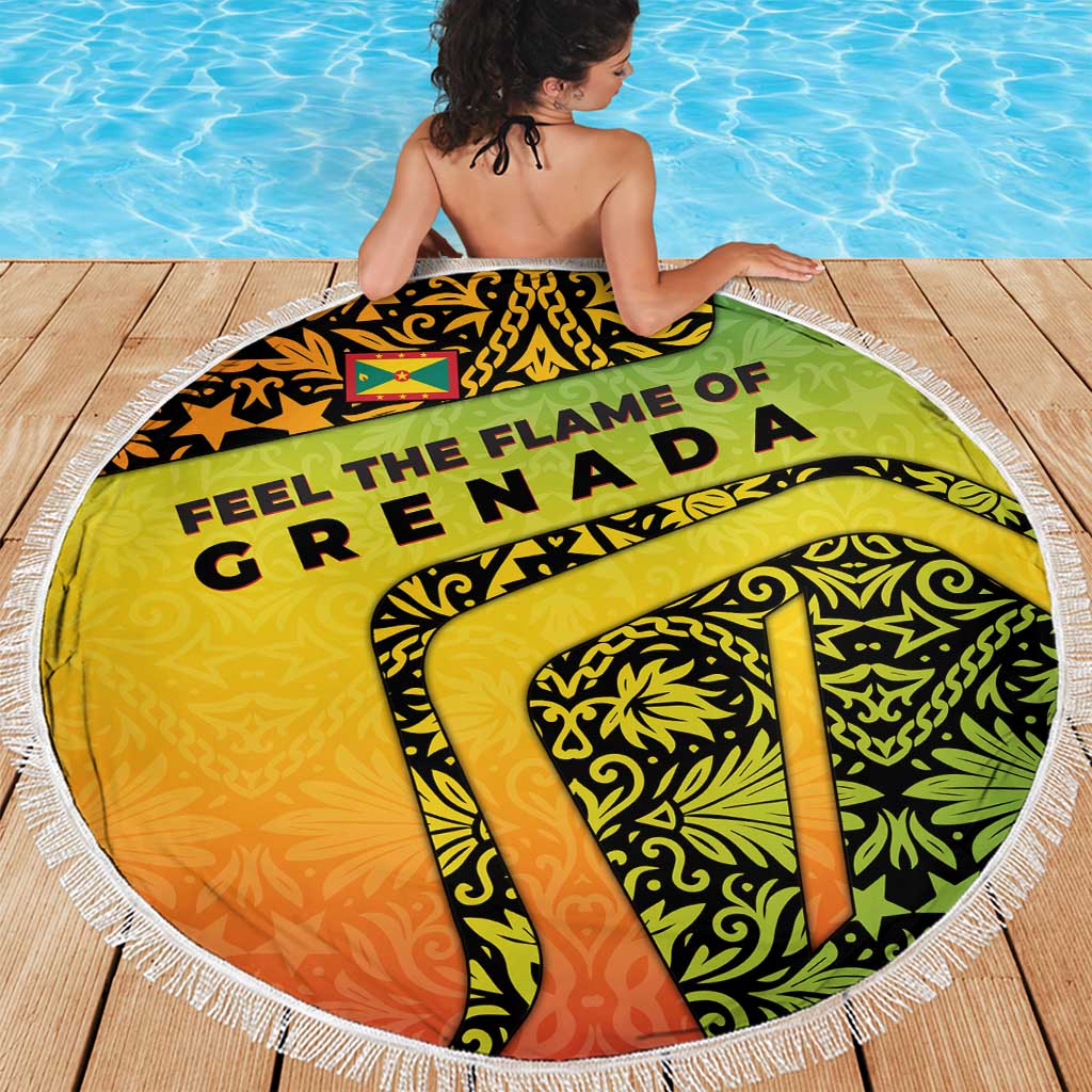Grenada Tribal Floral Pattern Beach Blanket with Rasta Gradient and Flame Motto Design - Wonder Print Shop