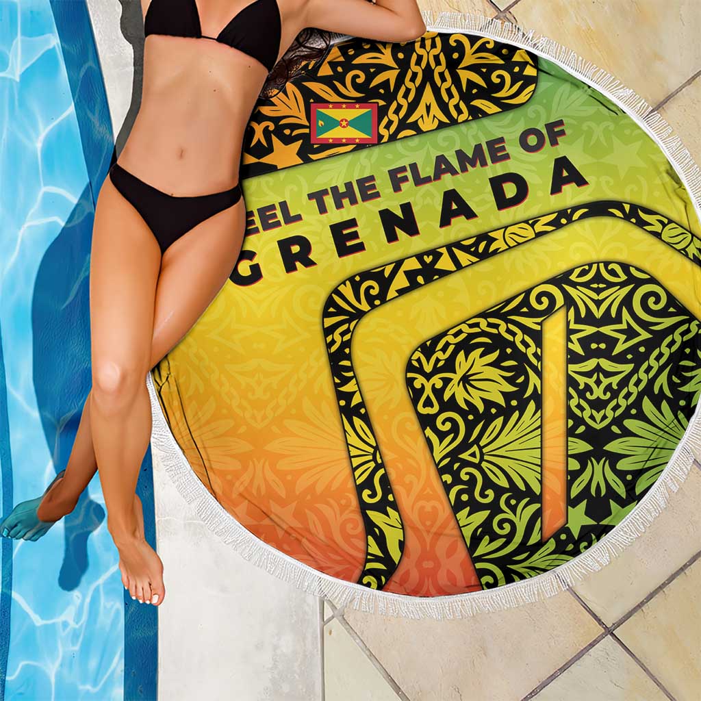 Grenada Tribal Floral Pattern Beach Blanket with Rasta Gradient and Flame Motto Design - Wonder Print Shop