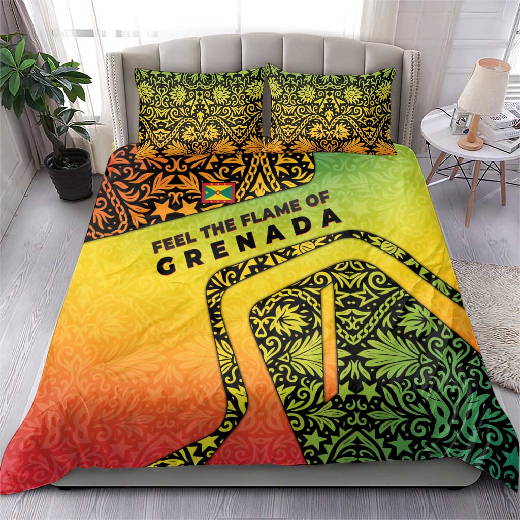 Grenada Tribal Floral Pattern Bedding Set with Rasta Gradient and Flame Motto Design - Wonder Print Shop