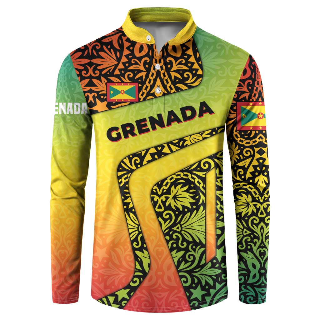 Grenada Tribal Floral Pattern Button Sweatshirt with Rasta Gradient and Flame Motto Design - Wonder Print Shop