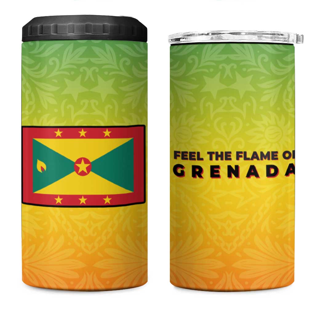 Grenada Tribal Floral Pattern 4 in 1 Can Cooler Tumbler with Rasta Gradient and Flame Motto Design - Wonder Print Shop