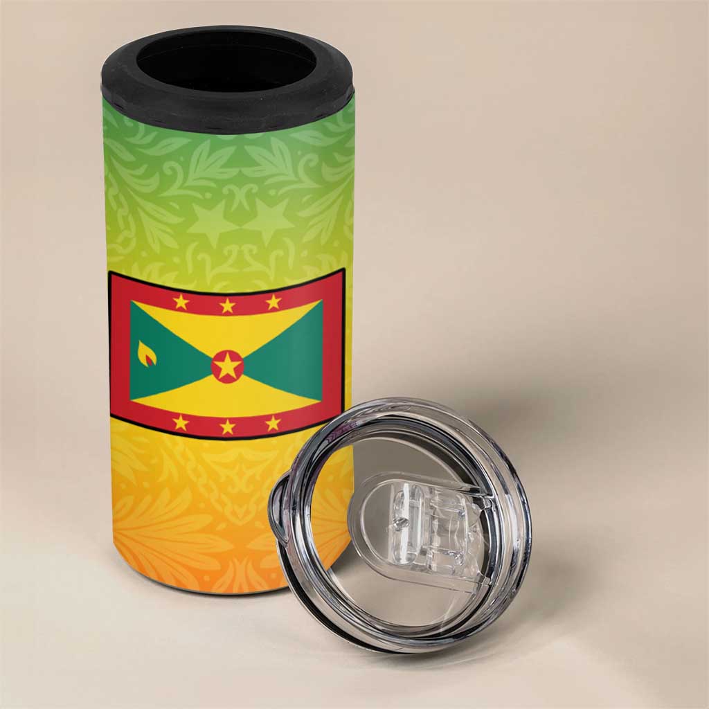 Grenada Tribal Floral Pattern 4 in 1 Can Cooler Tumbler with Rasta Gradient and Flame Motto Design - Wonder Print Shop