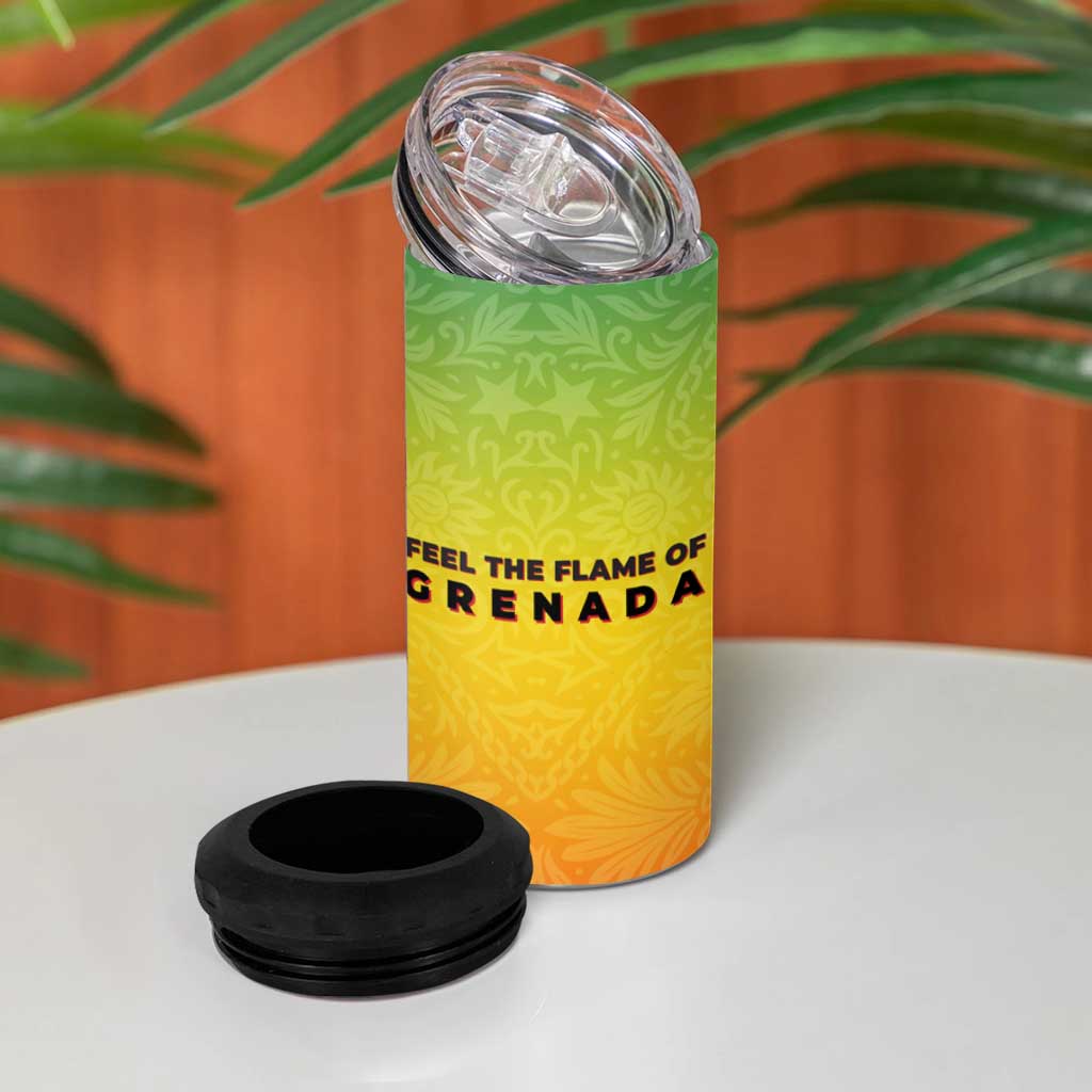 Grenada Tribal Floral Pattern 4 in 1 Can Cooler Tumbler with Rasta Gradient and Flame Motto Design - Wonder Print Shop