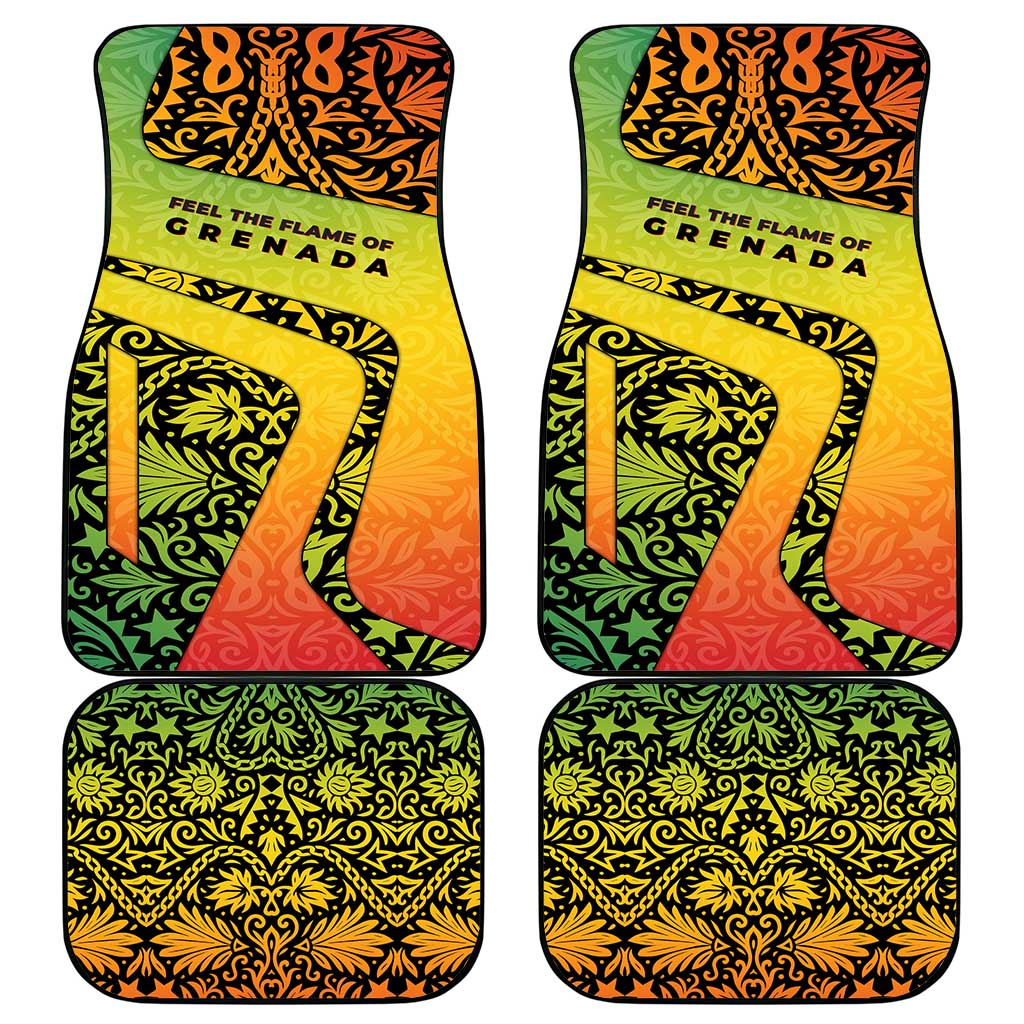 Grenada Tribal Floral Pattern Car Mats with Rasta Gradient and Flame Motto Design - Wonder Print Shop