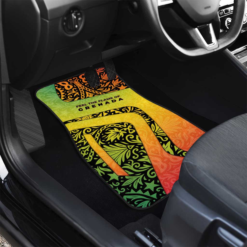 Grenada Tribal Floral Pattern Car Mats with Rasta Gradient and Flame Motto Design - Wonder Print Shop