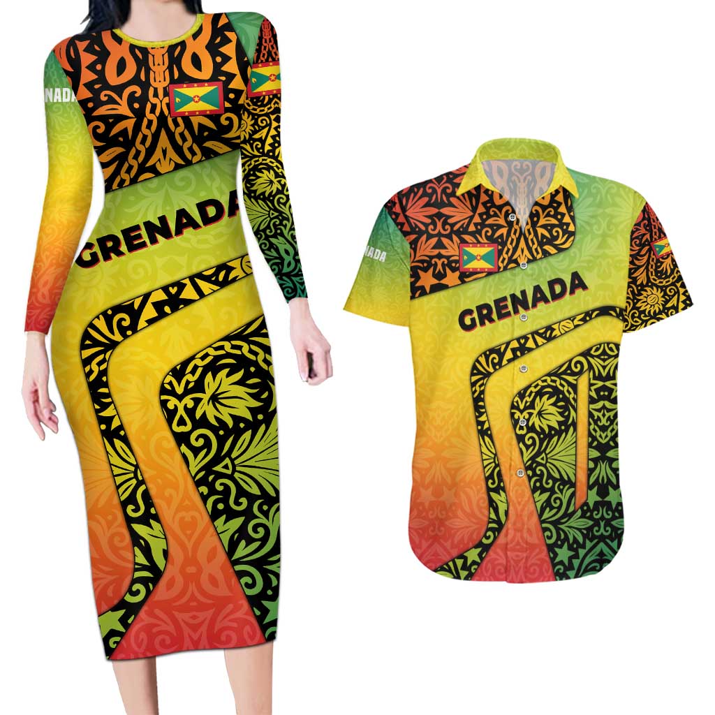 Grenada Tribal Floral Pattern Couples Matching Long Sleeve Bodycon Dress and Hawaiian Shirt with Rasta Gradient and Flame Motto Design - Wonder Print Shop