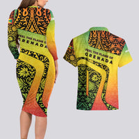 Grenada Tribal Floral Pattern Couples Matching Long Sleeve Bodycon Dress and Hawaiian Shirt with Rasta Gradient and Flame Motto Design - Wonder Print Shop