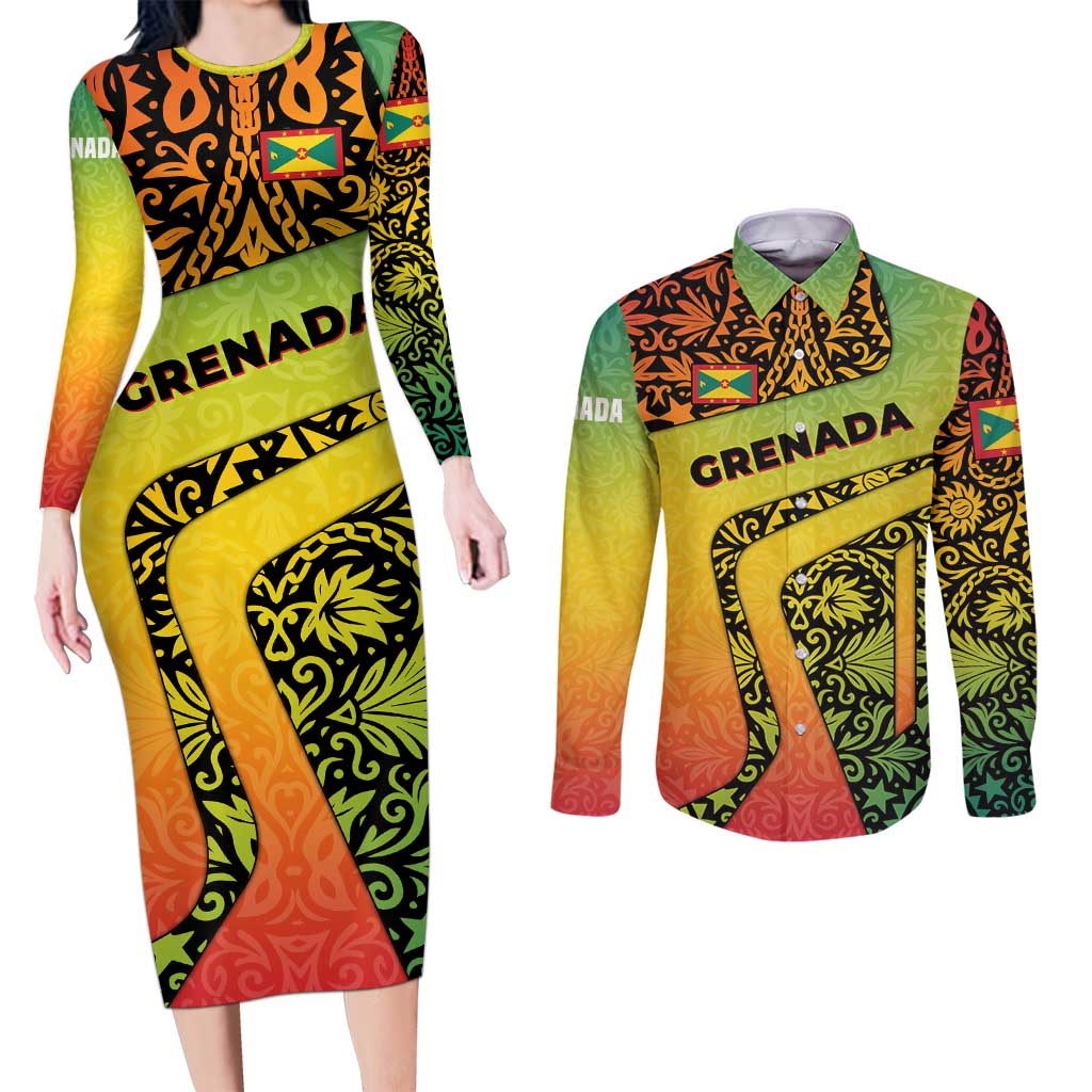 Grenada Tribal Floral Pattern Couples Matching Long Sleeve Bodycon Dress and Long Sleeve Button Shirt with Rasta Gradient and Flame Motto Design - Wonder Print Shop