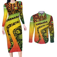 Grenada Tribal Floral Pattern Couples Matching Long Sleeve Bodycon Dress and Long Sleeve Button Shirt with Rasta Gradient and Flame Motto Design - Wonder Print Shop