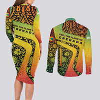 Grenada Tribal Floral Pattern Couples Matching Long Sleeve Bodycon Dress and Long Sleeve Button Shirt with Rasta Gradient and Flame Motto Design - Wonder Print Shop