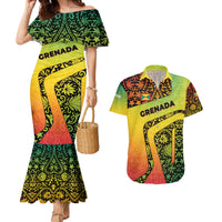 Grenada Tribal Floral Pattern Couples Matching Mermaid Dress and Hawaiian Shirt with Rasta Gradient and Flame Motto Design - Wonder Print Shop