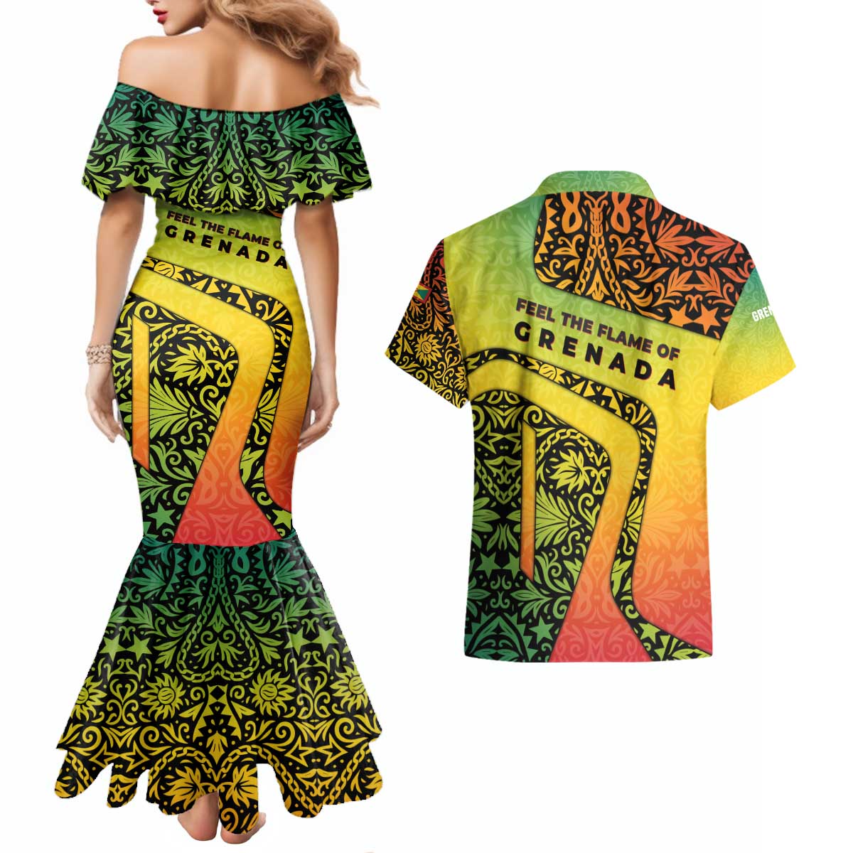 Grenada Tribal Floral Pattern Couples Matching Mermaid Dress and Hawaiian Shirt with Rasta Gradient and Flame Motto Design - Wonder Print Shop