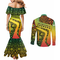 Grenada Tribal Floral Pattern Couples Matching Mermaid Dress and Long Sleeve Button Shirt with Rasta Gradient and Flame Motto Design - Wonder Print Shop