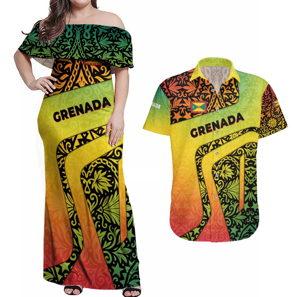 Grenada Tribal Floral Pattern Couples Matching Off Shoulder Maxi Dress and Hawaiian Shirt with Rasta Gradient and Flame Motto Design - Wonder Print Shop