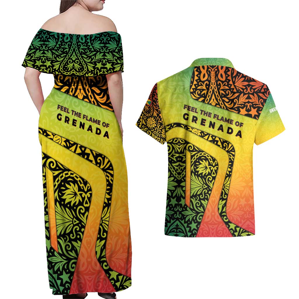 Grenada Tribal Floral Pattern Couples Matching Off Shoulder Maxi Dress and Hawaiian Shirt with Rasta Gradient and Flame Motto Design - Wonder Print Shop