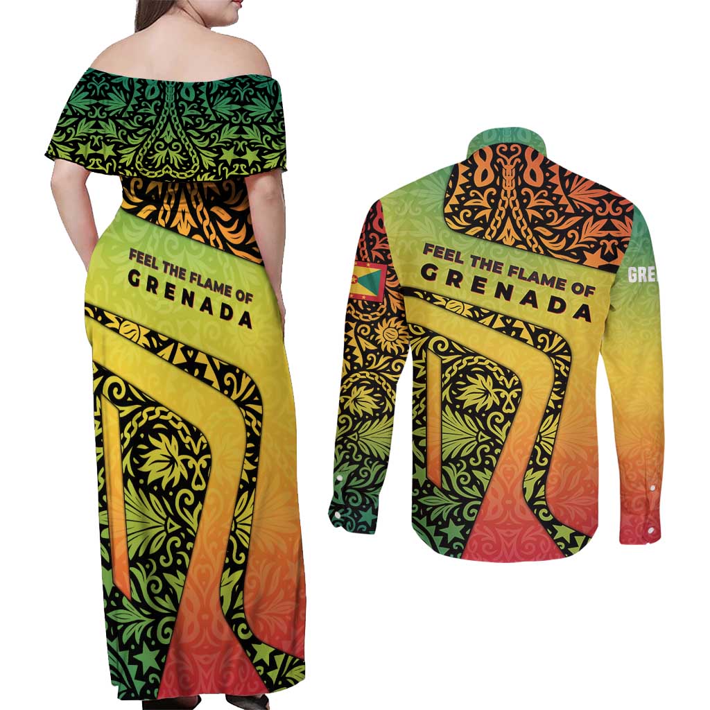 Grenada Tribal Floral Pattern Couples Matching Off Shoulder Maxi Dress and Long Sleeve Button Shirt with Rasta Gradient and Flame Motto Design - Wonder Print Shop