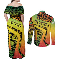 Grenada Tribal Floral Pattern Couples Matching Off Shoulder Maxi Dress and Long Sleeve Button Shirt with Rasta Gradient and Flame Motto Design - Wonder Print Shop