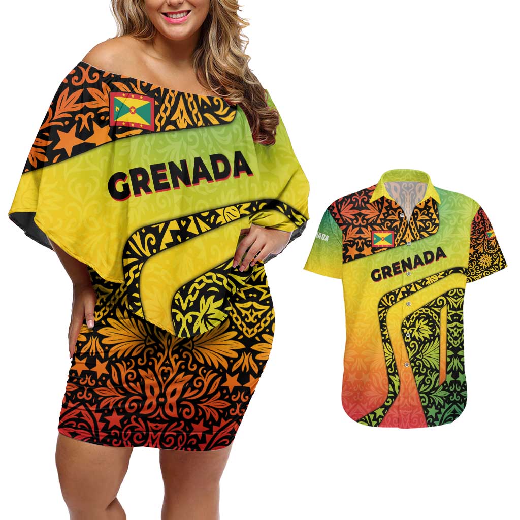 Grenada Tribal Floral Pattern Couples Matching Off Shoulder Short Dress and Hawaiian Shirt with Rasta Gradient and Flame Motto Design - Wonder Print Shop