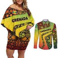 Grenada Tribal Floral Pattern Couples Matching Off Shoulder Short Dress and Long Sleeve Button Shirt with Rasta Gradient and Flame Motto Design - Wonder Print Shop