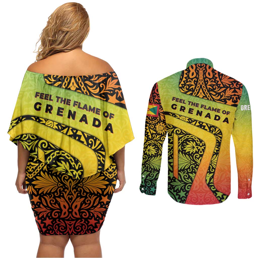 Grenada Tribal Floral Pattern Couples Matching Off Shoulder Short Dress and Long Sleeve Button Shirt with Rasta Gradient and Flame Motto Design - Wonder Print Shop
