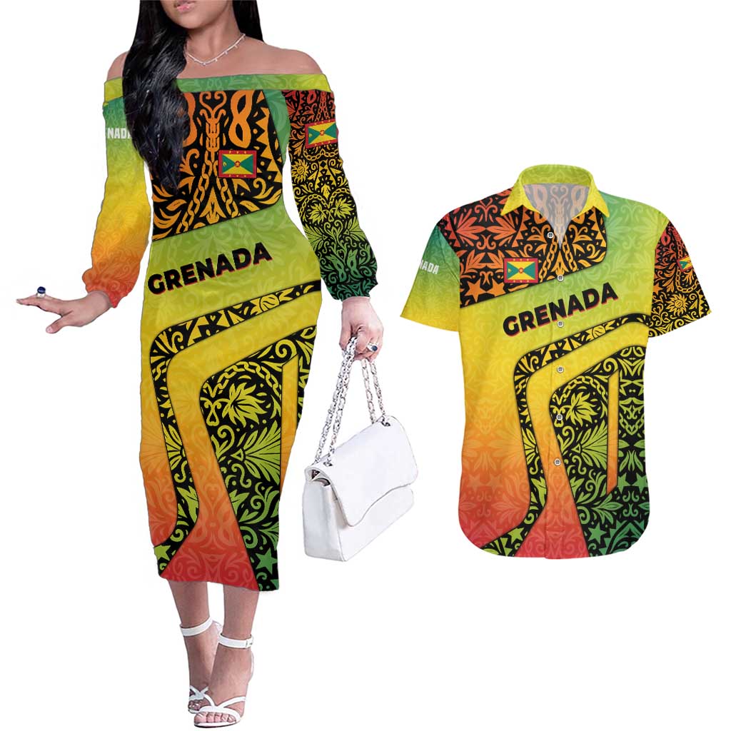 Grenada Tribal Floral Pattern Couples Matching Off The Shoulder Long Sleeve Dress and Hawaiian Shirt with Rasta Gradient and Flame Motto Design - Wonder Print Shop