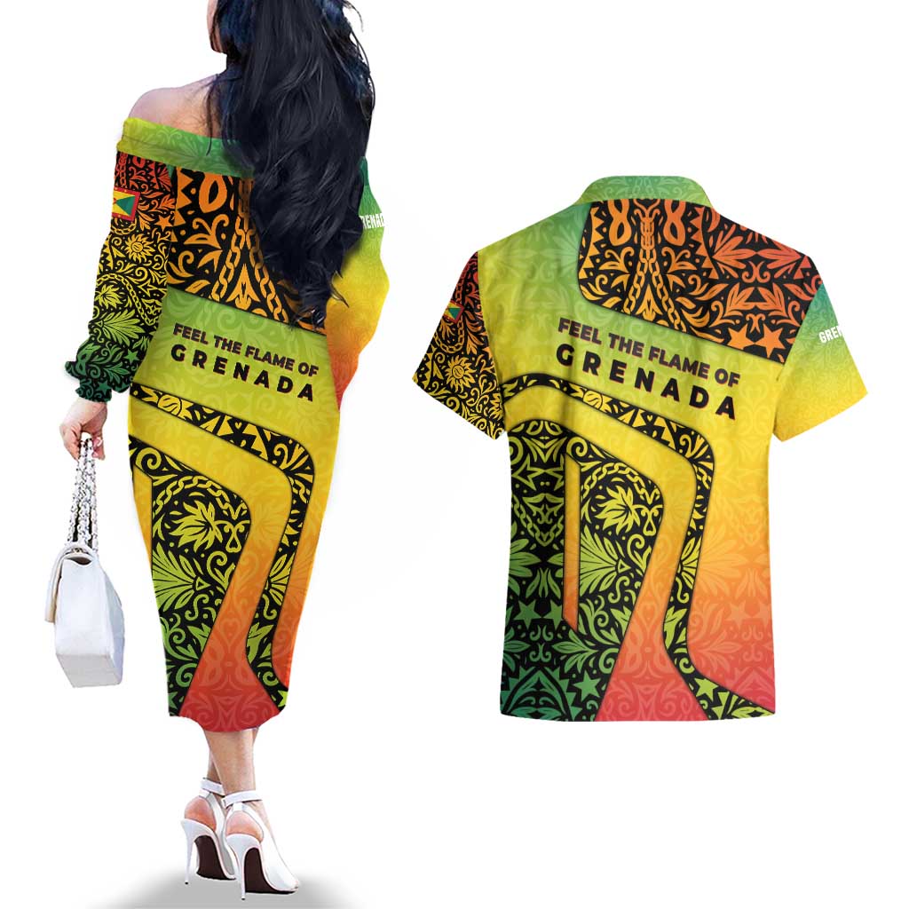 Grenada Tribal Floral Pattern Couples Matching Off The Shoulder Long Sleeve Dress and Hawaiian Shirt with Rasta Gradient and Flame Motto Design - Wonder Print Shop