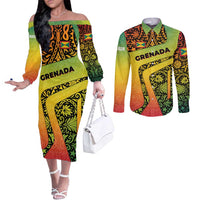 Grenada Tribal Floral Pattern Couples Matching Off The Shoulder Long Sleeve Dress and Long Sleeve Button Shirt with Rasta Gradient and Flame Motto Design - Wonder Print Shop