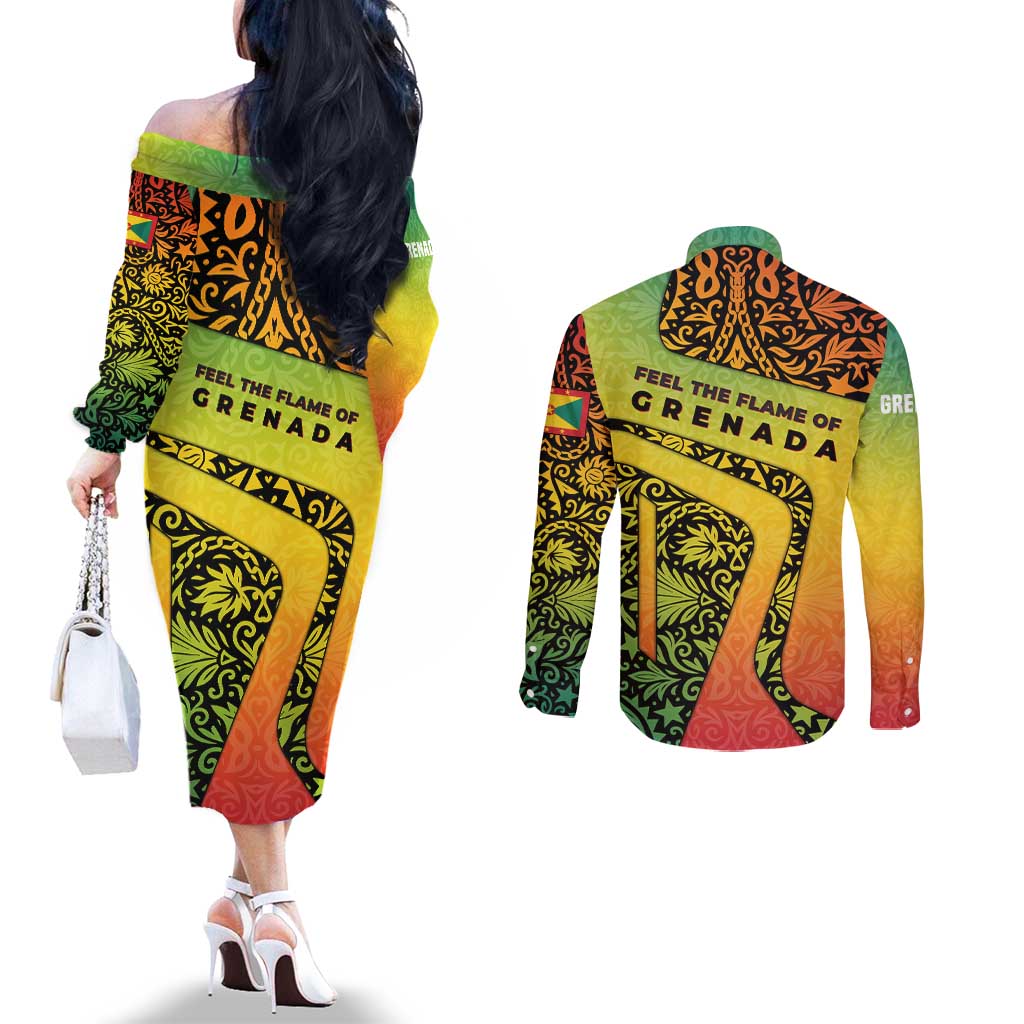 Grenada Tribal Floral Pattern Couples Matching Off The Shoulder Long Sleeve Dress and Long Sleeve Button Shirt with Rasta Gradient and Flame Motto Design - Wonder Print Shop
