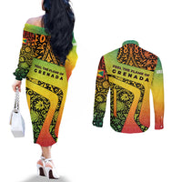 Grenada Tribal Floral Pattern Couples Matching Off The Shoulder Long Sleeve Dress and Long Sleeve Button Shirt with Rasta Gradient and Flame Motto Design - Wonder Print Shop