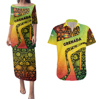 Grenada Tribal Floral Pattern Couples Matching Puletasi and Hawaiian Shirt with Rasta Gradient and Flame Motto Design - Wonder Print Shop