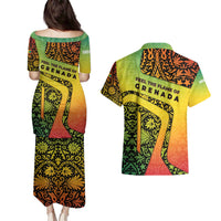 Grenada Tribal Floral Pattern Couples Matching Puletasi and Hawaiian Shirt with Rasta Gradient and Flame Motto Design - Wonder Print Shop