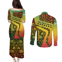 Grenada Tribal Floral Pattern Couples Matching Puletasi and Long Sleeve Button Shirt with Rasta Gradient and Flame Motto Design - Wonder Print Shop