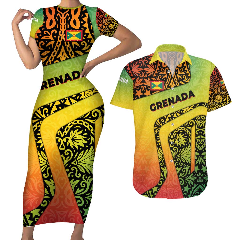 Grenada Tribal Floral Pattern Couples Matching Short Sleeve Bodycon Dress and Hawaiian Shirt with Rasta Gradient and Flame Motto Design - Wonder Print Shop