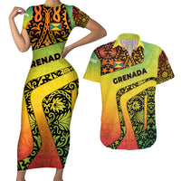 Grenada Tribal Floral Pattern Couples Matching Short Sleeve Bodycon Dress and Hawaiian Shirt with Rasta Gradient and Flame Motto Design - Wonder Print Shop