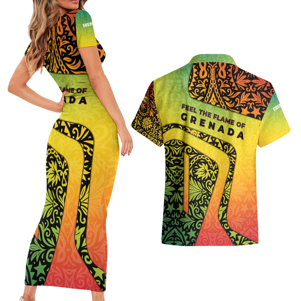 Grenada Tribal Floral Pattern Couples Matching Short Sleeve Bodycon Dress and Hawaiian Shirt with Rasta Gradient and Flame Motto Design - Wonder Print Shop