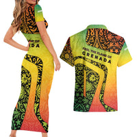 Grenada Tribal Floral Pattern Couples Matching Short Sleeve Bodycon Dress and Hawaiian Shirt with Rasta Gradient and Flame Motto Design - Wonder Print Shop