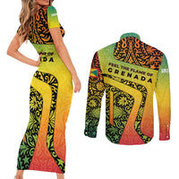 Grenada Tribal Floral Pattern Couples Matching Short Sleeve Bodycon Dress and Long Sleeve Button Shirt with Rasta Gradient and Flame Motto Design - Wonder Print Shop
