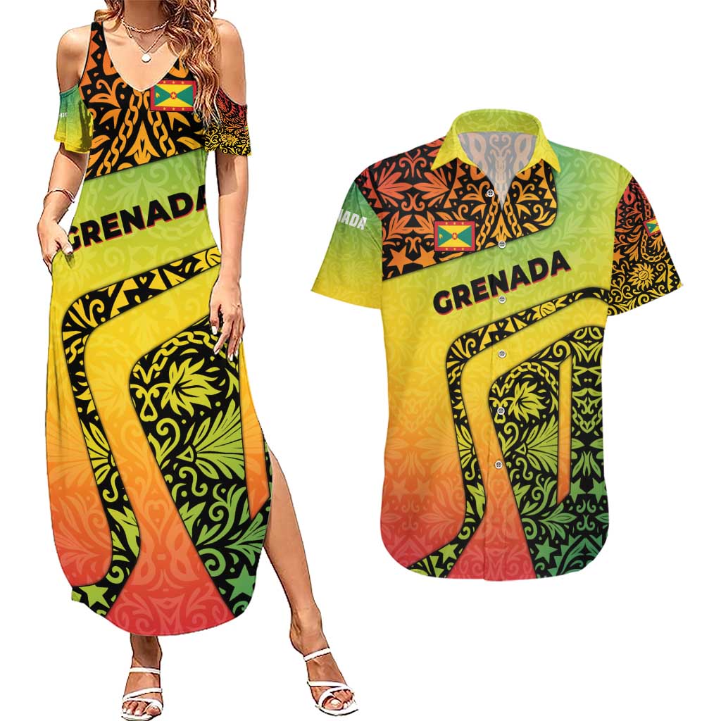 Grenada Tribal Floral Pattern Couples Matching Summer Maxi Dress and Hawaiian Shirt with Rasta Gradient and Flame Motto Design - Wonder Print Shop