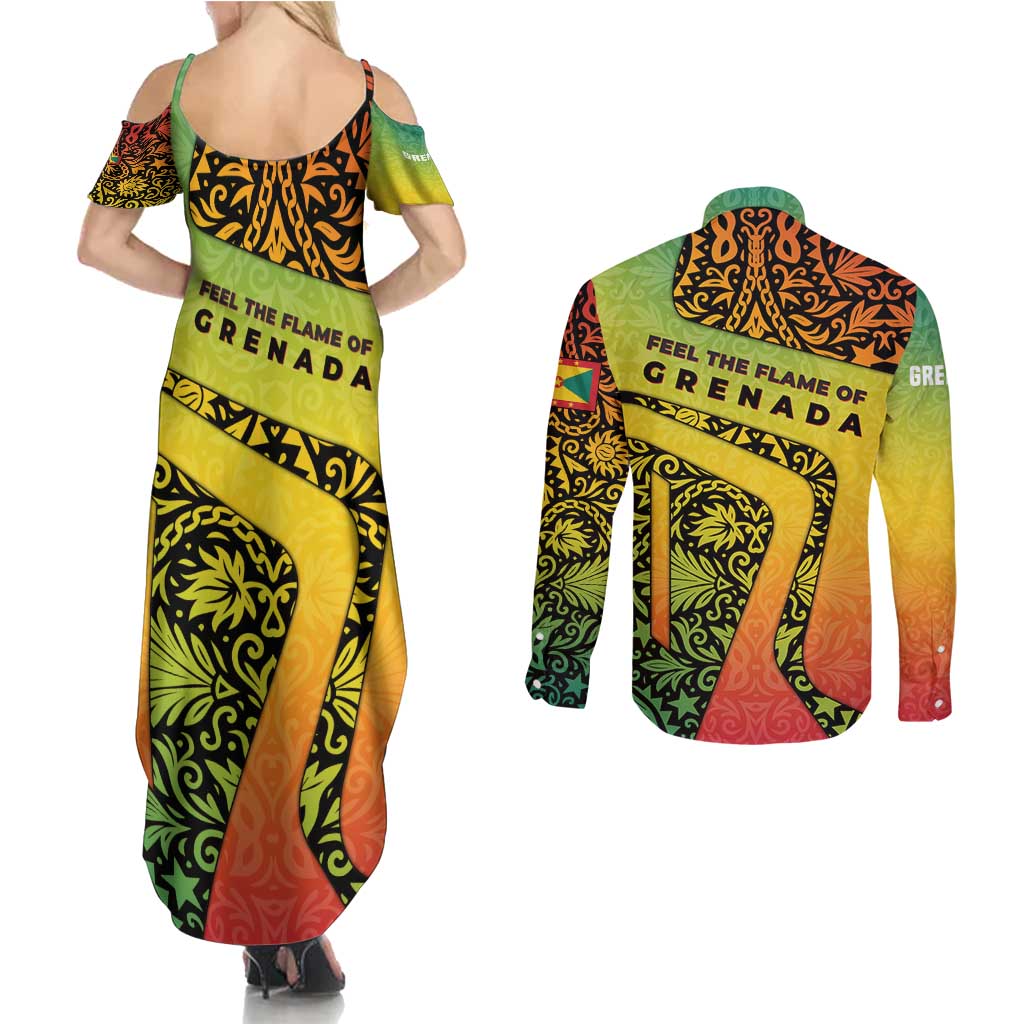 Grenada Tribal Floral Pattern Couples Matching Summer Maxi Dress and Long Sleeve Button Shirt with Rasta Gradient and Flame Motto Design - Wonder Print Shop