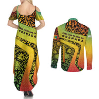 Grenada Tribal Floral Pattern Couples Matching Summer Maxi Dress and Long Sleeve Button Shirt with Rasta Gradient and Flame Motto Design - Wonder Print Shop