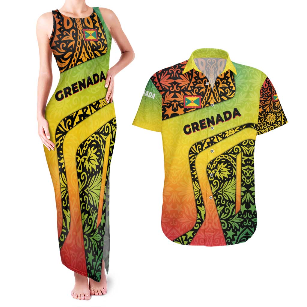 Grenada Tribal Floral Pattern Couples Matching Tank Maxi Dress and Hawaiian Shirt with Rasta Gradient and Flame Motto Design - Wonder Print Shop