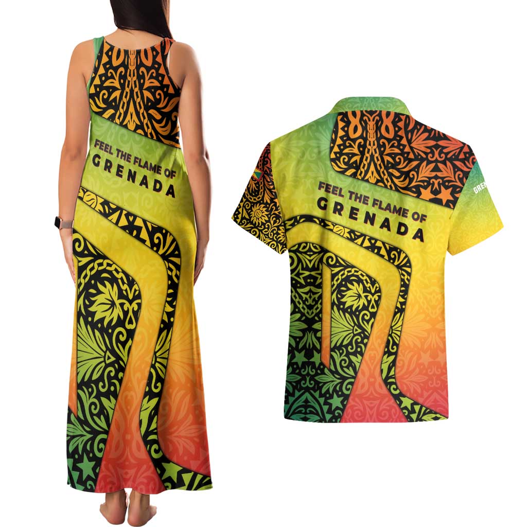 Grenada Tribal Floral Pattern Couples Matching Tank Maxi Dress and Hawaiian Shirt with Rasta Gradient and Flame Motto Design - Wonder Print Shop