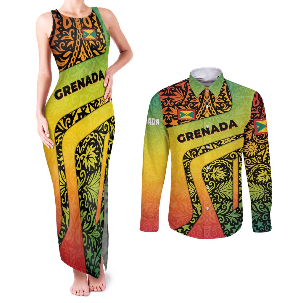 Grenada Tribal Floral Pattern Couples Matching Tank Maxi Dress and Long Sleeve Button Shirt with Rasta Gradient and Flame Motto Design - Wonder Print Shop