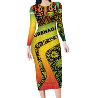 Grenada Tribal Floral Pattern Family Matching Long Sleeve Bodycon Dress and Hawaiian Shirt with Rasta Gradient and Flame Motto Design - Wonder Print Shop