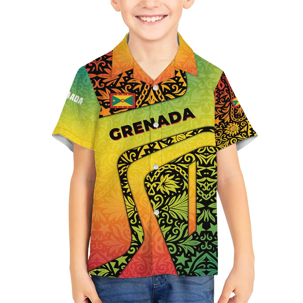 Grenada Tribal Floral Pattern Family Matching Long Sleeve Bodycon Dress and Hawaiian Shirt with Rasta Gradient and Flame Motto Design - Wonder Print Shop